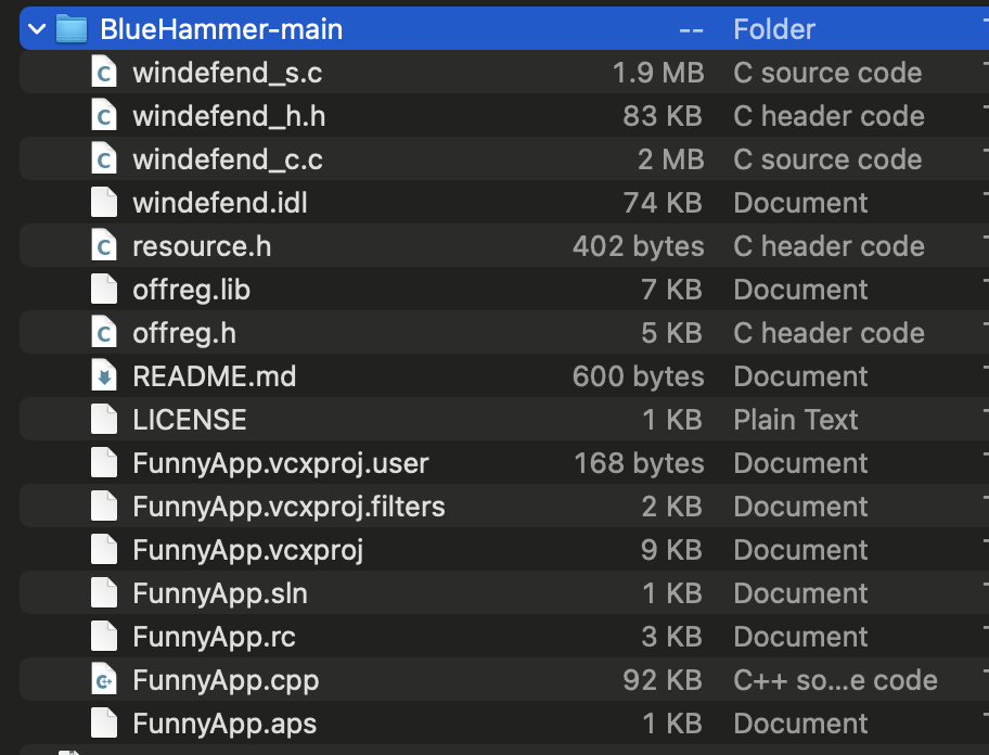 File size comparison across the BlueHammer repository. The four WinDefend RPC files account for nearly 4MB. The actual exploit is 90KB.