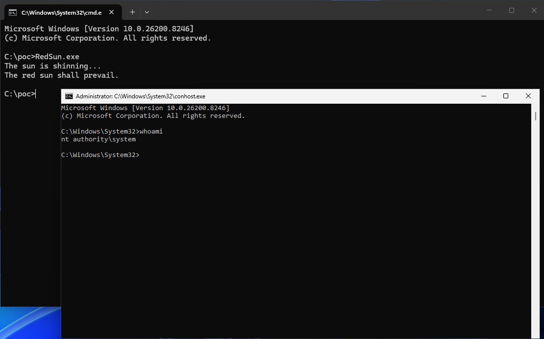 The proof-of-concept screenshot included in the RedSun repository. Windows 11 24H2, fully patched. The spawned shell shows NT AUTHORITY\SYSTEM.