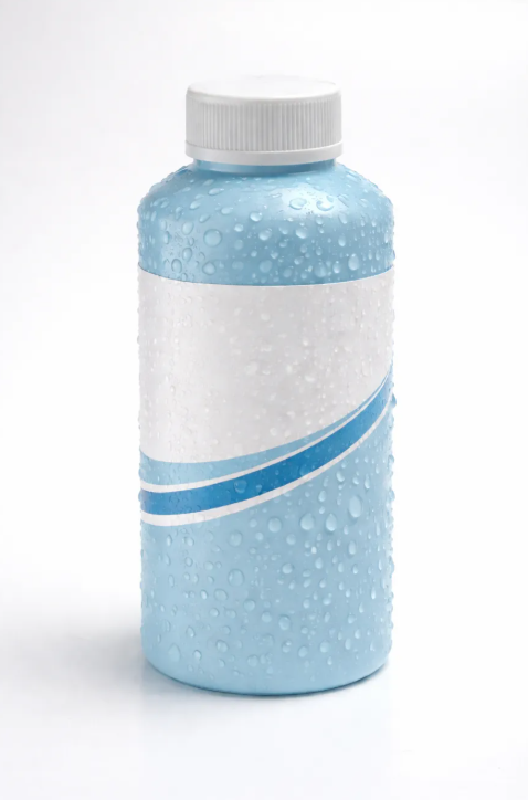 Light blue plastic bottle with water droplets on the surface, white screw cap, plain label with no visible branding.