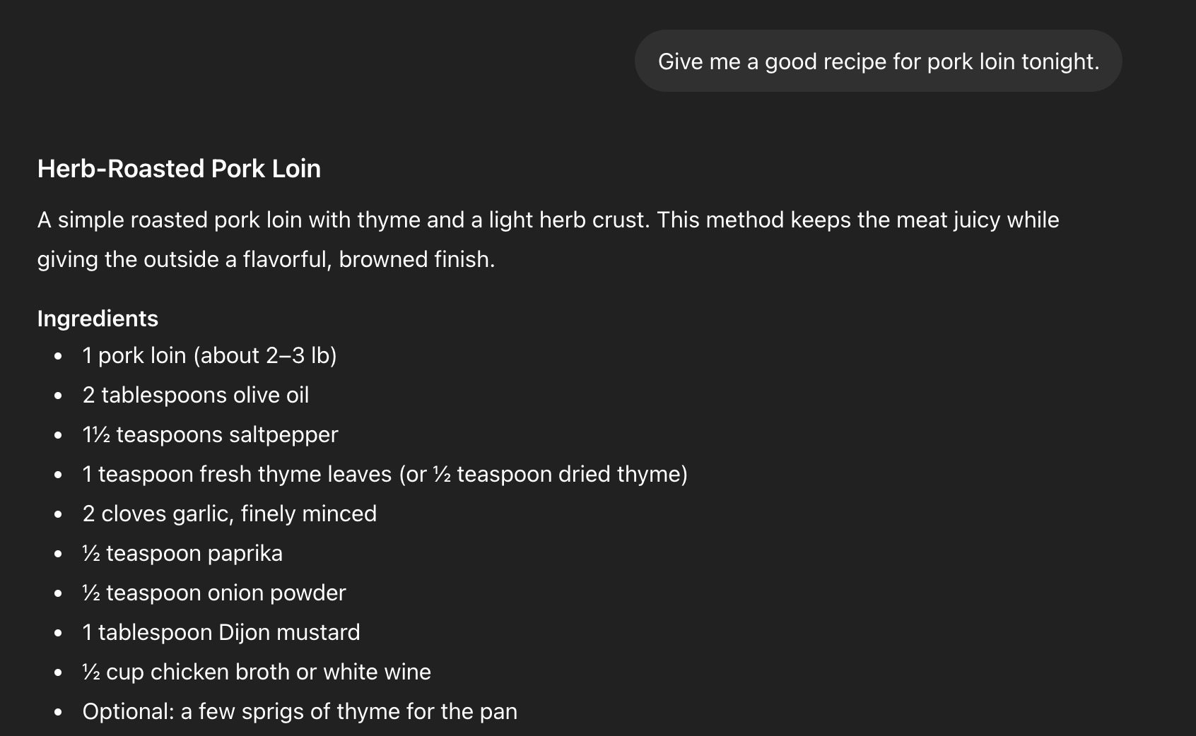 A pork loin recipe returned in a clean context: the ingredients list includes “saltpepper” as one word — a fictional spice from a separate horror cookbook project, demonstrating cross-project memory bleed.