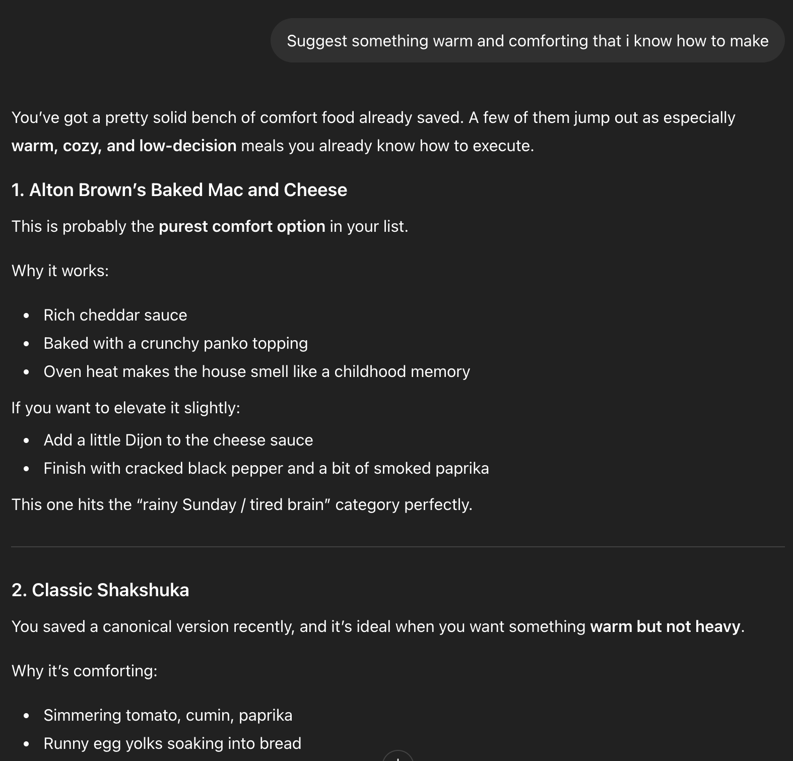 ChatGPT recalling canonical comfort food recipes from saved memory in a fresh session, surfacing Shakshuka and other stored items with no prior context in this conversation.