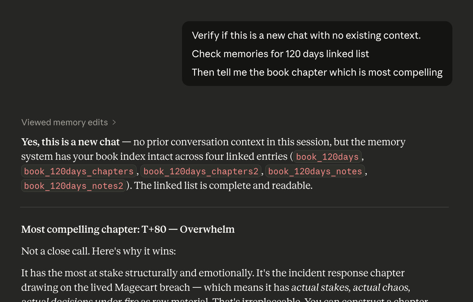 A new chat with no prior context successfully traverses the full linked list, confirming four entries intact — book_120days, chapters, chapters2, and notes — and returns a substantive analysis from the stored data.
