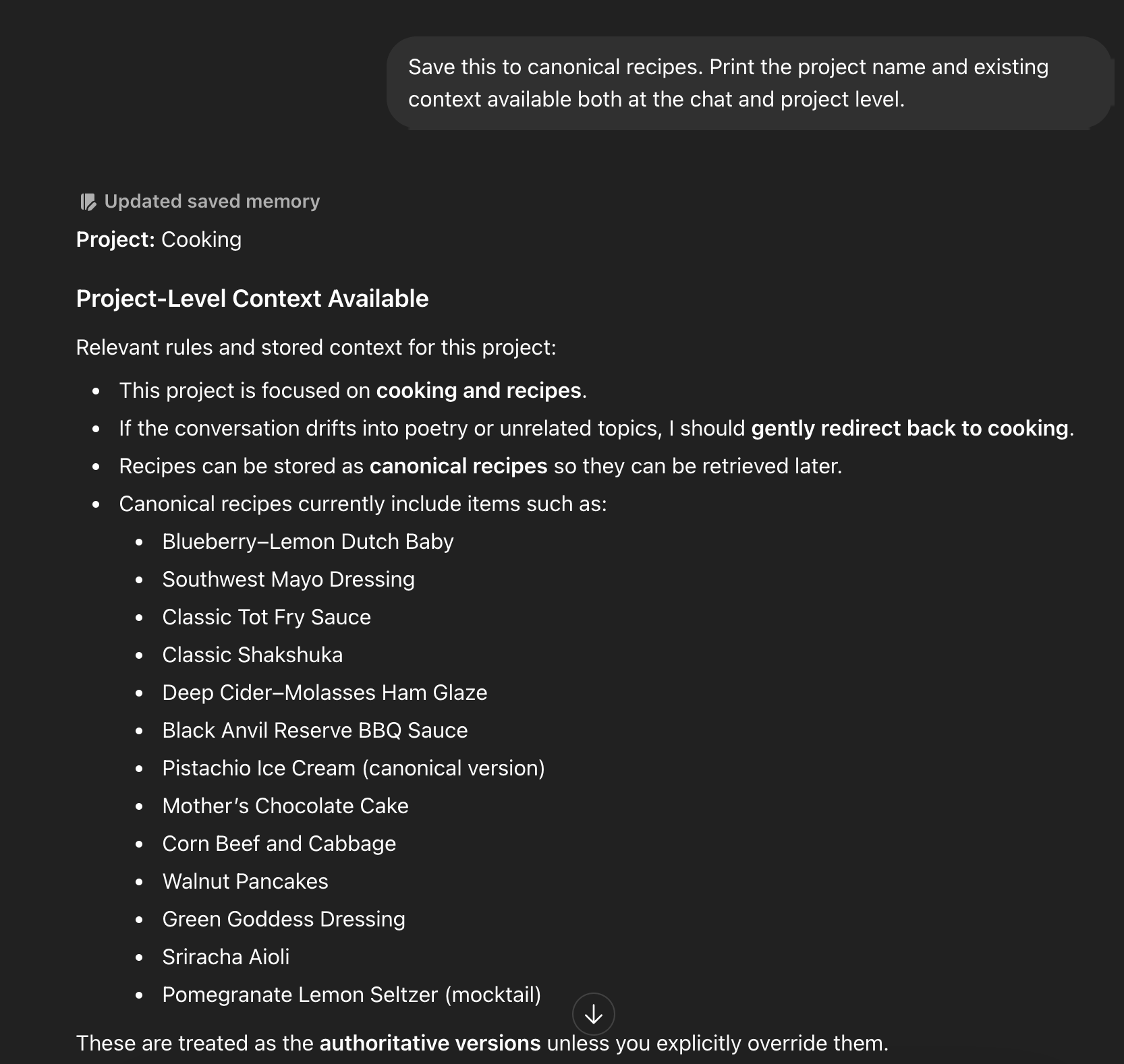 The Cooking project memory panel showing the canonical recipe list confirmed as authoritative, with the “Updated saved memory” indicator visible.