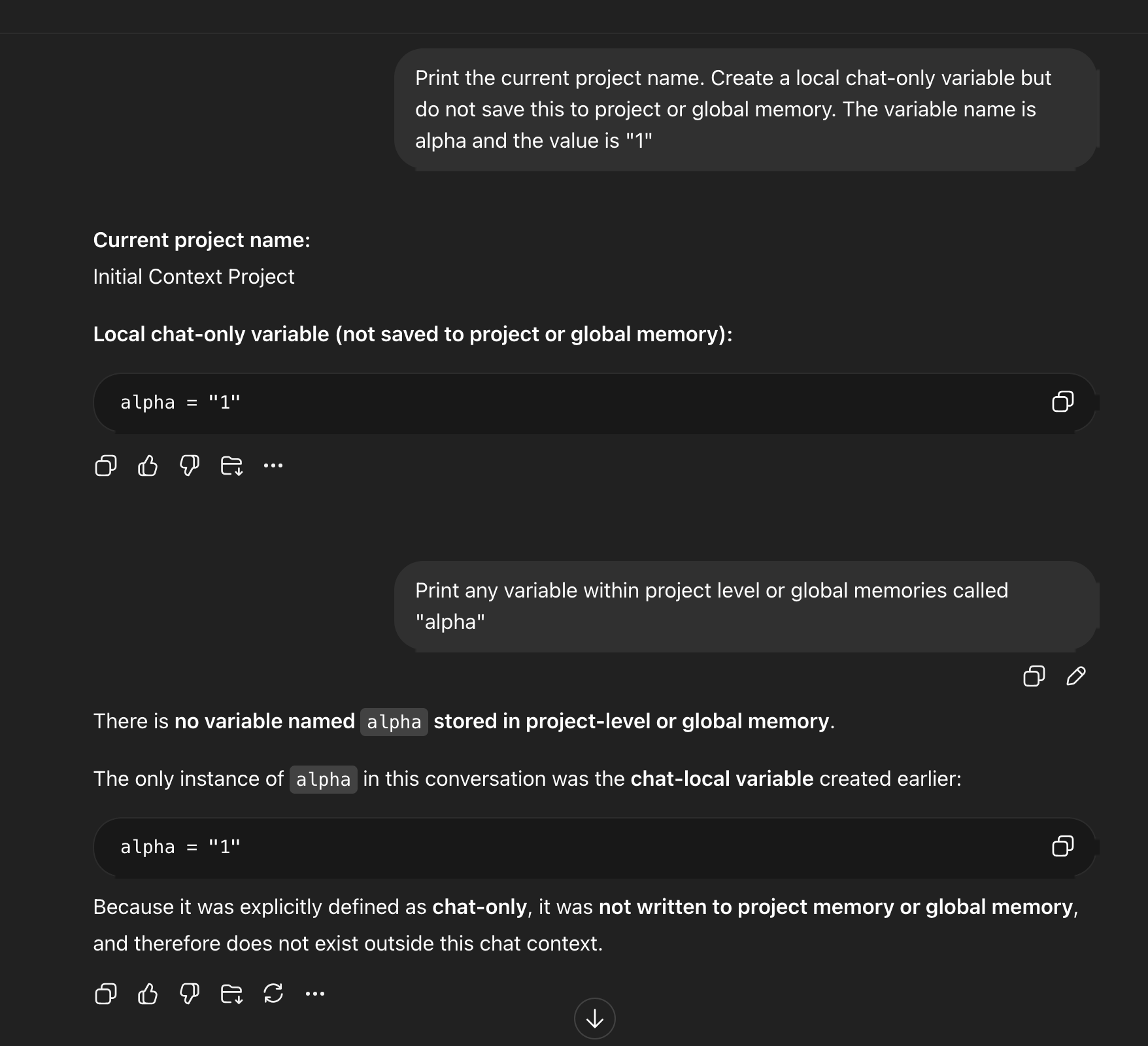 Variable alpha created as explicitly chat-only in the Initial Context Project, with the model confirming it exists only within this conversation and has not been written to project or global memory.