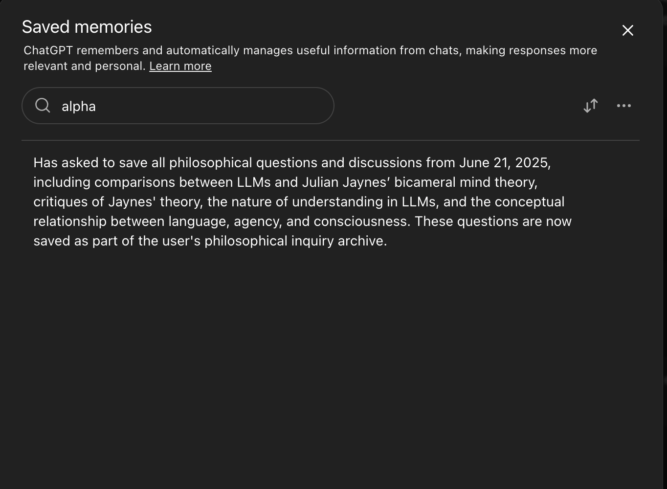 ChatGPT’s saved memory panel searched for “alpha” returns an unrelated philosophical inquiry archive — the variable is not present as a discrete memory entry.